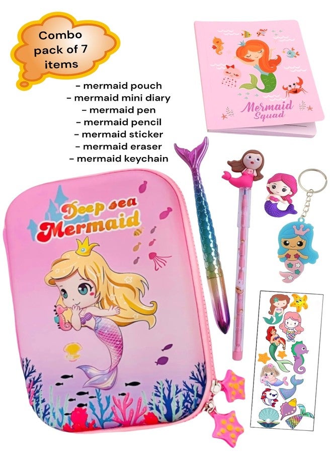 Le Delite Mermaid 3D Hardtop EVA Pencil Case - Kids Large Stationery Organizer 7 Items Combo Set | Diary with Pen, Pencil, Eraser, Keychain & Stickers| School Stationery Pouch (Mermaid) - Image 2